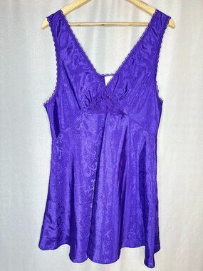 Vintage Adonna Purple Jacquard Babydoll Nightgown XLARGE Deep V-neck Fairy Lace